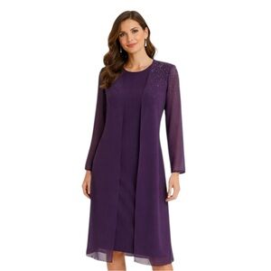 After Dark Purple Chiffon Dress Beaded Shoulders Long Sleeve Size 6